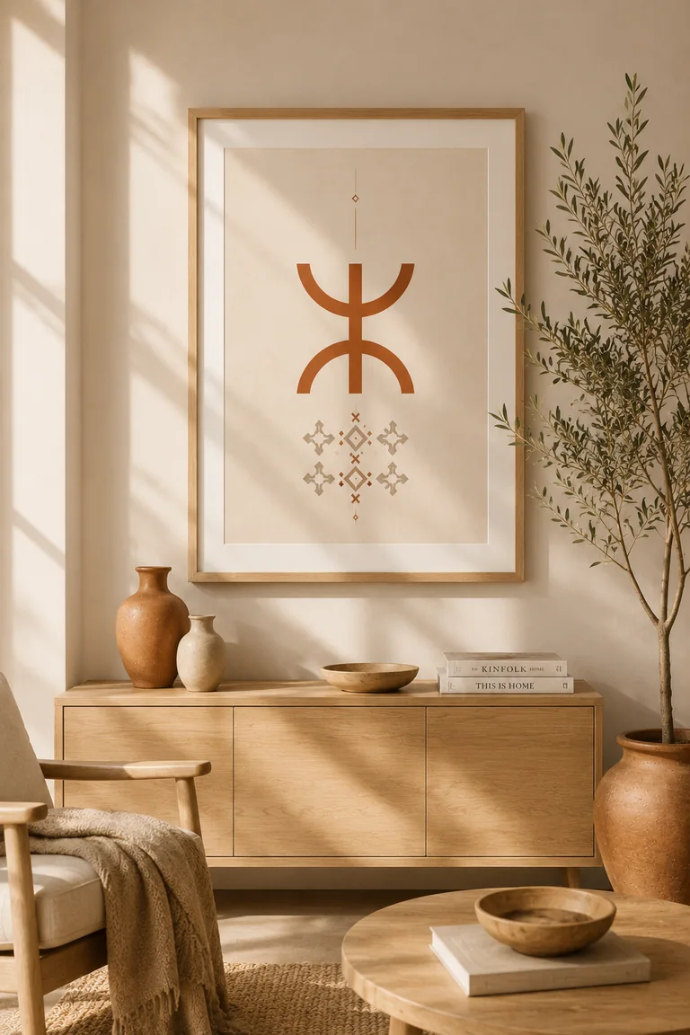 Une affiche aux motifs amazighs dans un cadre de bois, au-dessus d’un buffet, parmi des céramiques et un olivier.