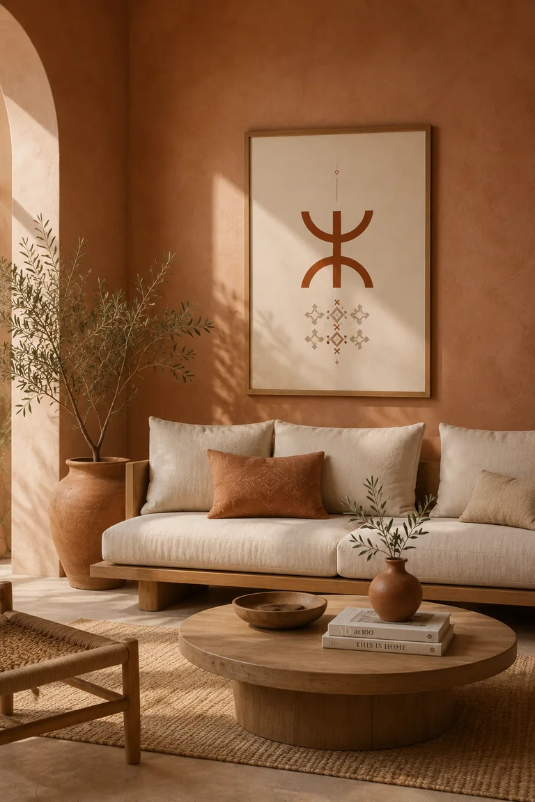 Salon aux tons terracotta avec une affiche encadrée au-dessus du canapé.